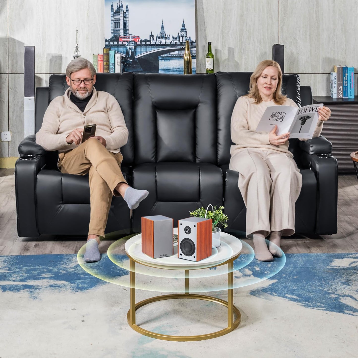 COMHOMA Relaxsessel-Set, Sofa, Sofa-Set aus Kunstleder, Fernsehsessel Ruhesessel Liegesessel mit Liege-Funktion Polstersessel Schlafsessel für Wohnzimmer Schlafzimmer Heimkino,Schwarz, 3+2+1