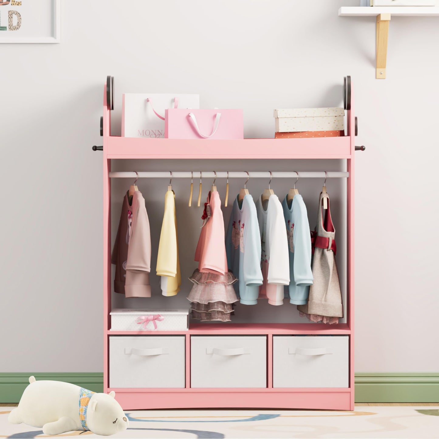 Children's Clothes Rack with Mirror, Clothes Rail with Shelves, Children's Wardrobe Wood, Children's Shelf for Children's Room, 81 x 28 x 106.5 cm (Clouds with 2 Drawers, White)