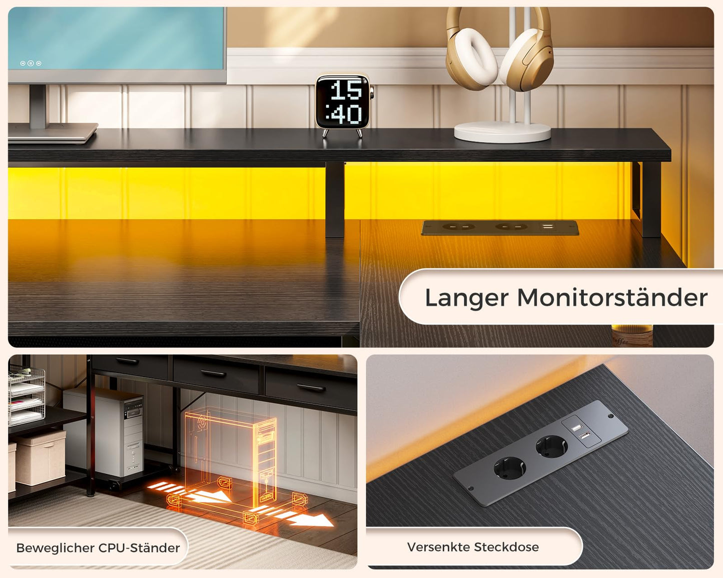 Coleshome L Shape Desk with Drawers, 195 x 100 cm Gaming Table with Socket, LED & Monitor Stand, Reversible Corner Desk with Storage Space, Computer Desk with Shelf for Office, Black