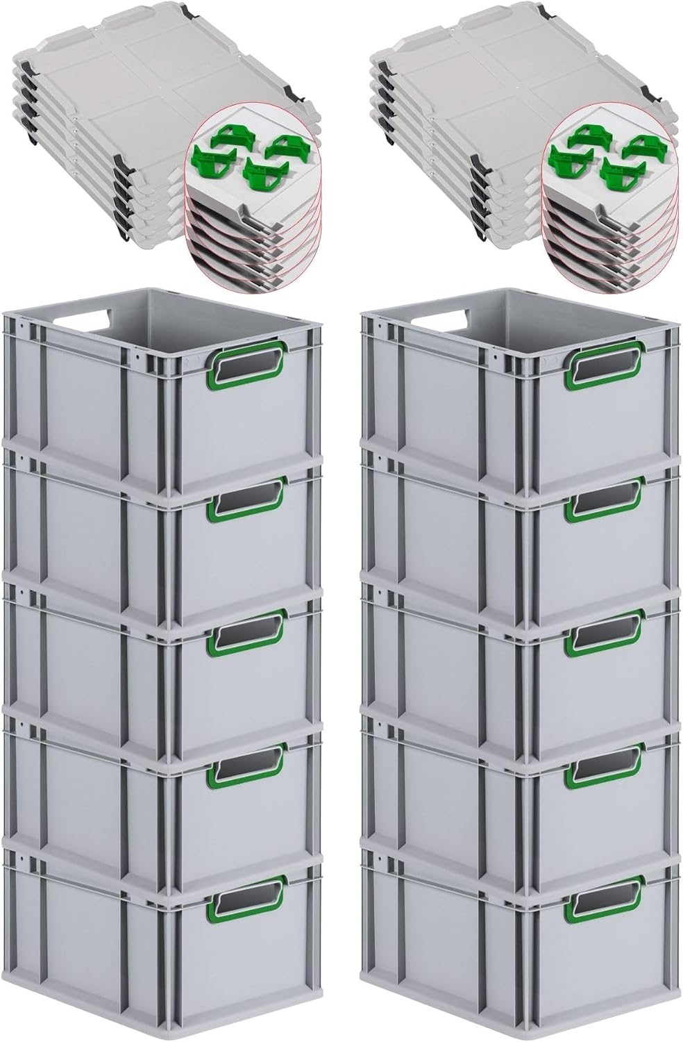 PROREGAL Economy Set of 5 Eurobox NextGen Colour with Lid and Sliding Snap Fasteners, H x W x D 22 x 30 x 40 cm, 20 L, Black, Closed Handles, Euro Container, Transport Box, Transport Container