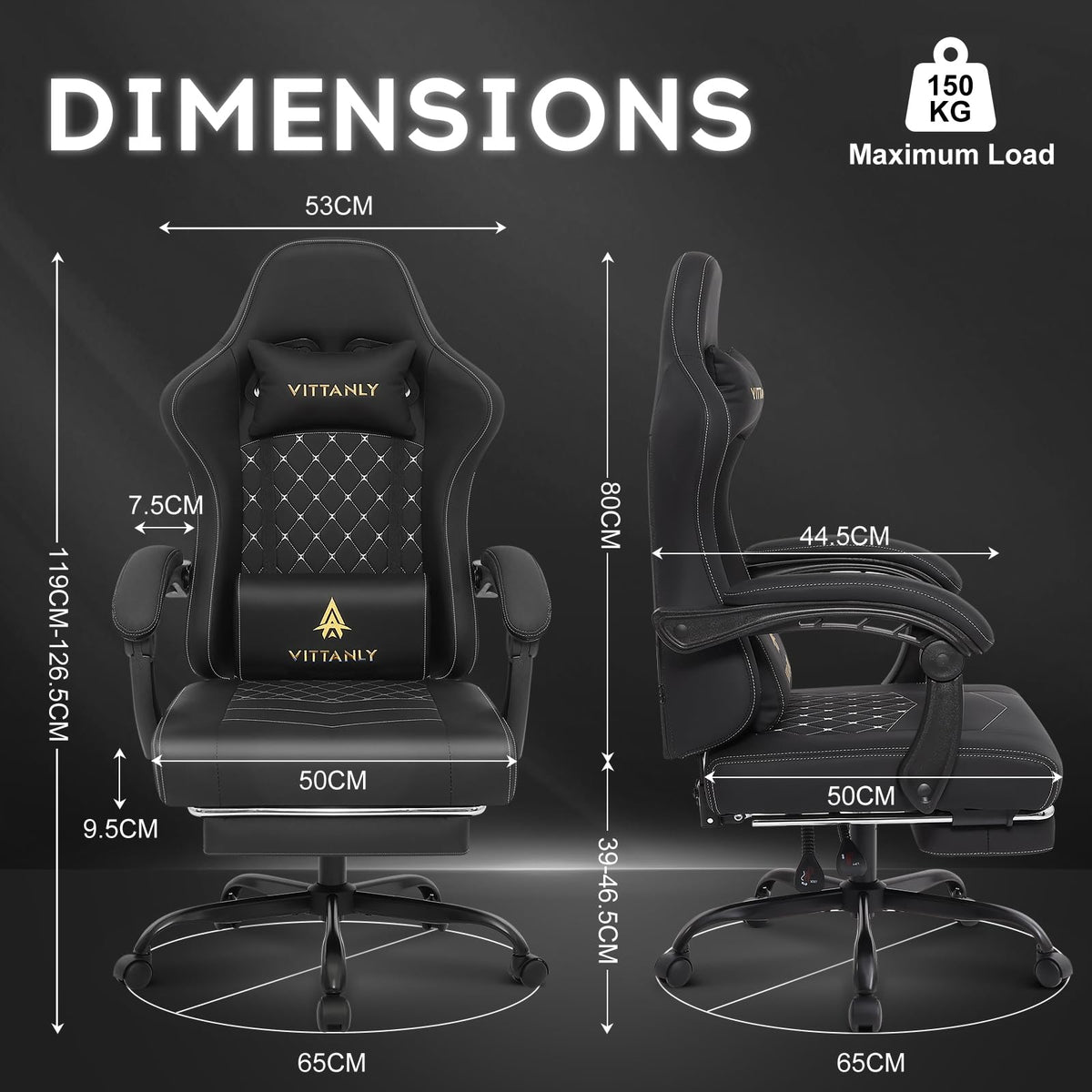 Vittanly Gaming Chair with Spring Cushion, Ergonomic Gaming Chair, Gamer Chair with Headrest, Lumbar Cushion and Footrest, Height-Adjustable Rotating Gaming Chair, Office Chair, 150 kg, Black