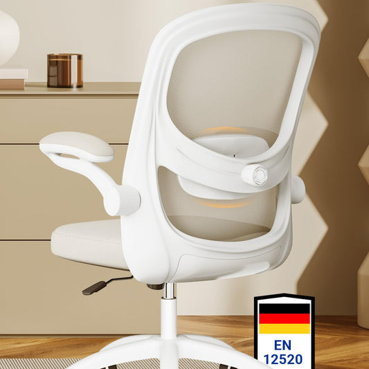 MELOKEA Desk Chair, Bionic 4D Lumbar Support, Office Chair Ergonomic with 100° Folding Armrest, Office Chair Height Adjustable, Mesh Computer Chair, Meets EN12520 Standards, Grey Beige