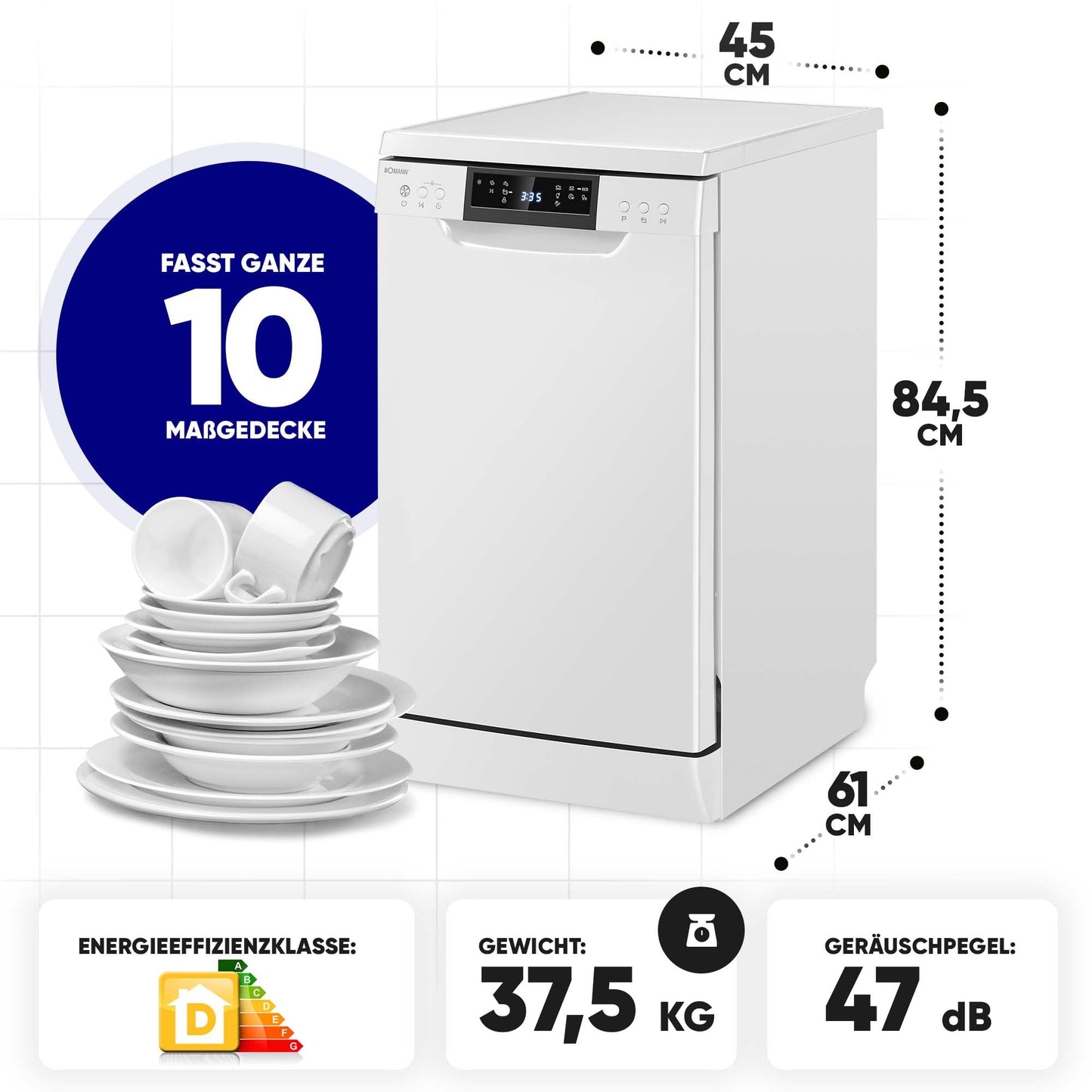 Bomann GSP 7418 Dishwasher, 10 Place Settings, Dishwasher Stand or Substructure, 7 Programmes & 2 Spray Levels, Dishwasher with Start Selection White