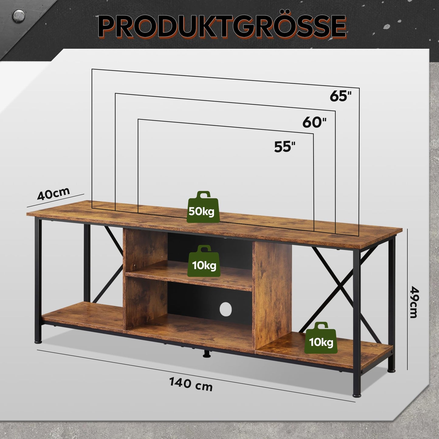 WLIVE TV Schrank, TV Lowboard für Fernseher bis zu 65 Zoll, TV Board Fernsehschrank mit Offenen Stauraum, 140 x 40 x 49 cm, Fernsehtisch für Wohnzimmer und Schlafzimmer, Vintagebraun-Schwarz