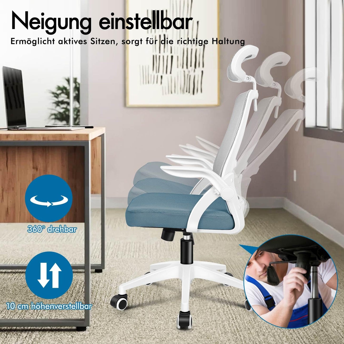 ALFORDSON Ergonomic Office Desk Chair, Computer Chair with Dynamic Lumbar Support, Tilting Swivel Chair with Flip Up Armrest, Black