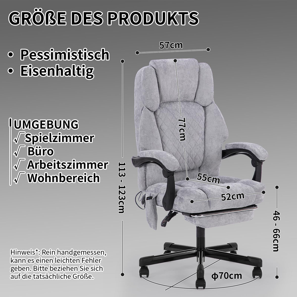Ergonomic Office Chair, Massage and Heat Chair, Swivel Chair with Footrest, Furniture for Study, PC Chair, Executive Chair, Fabric (Grey)