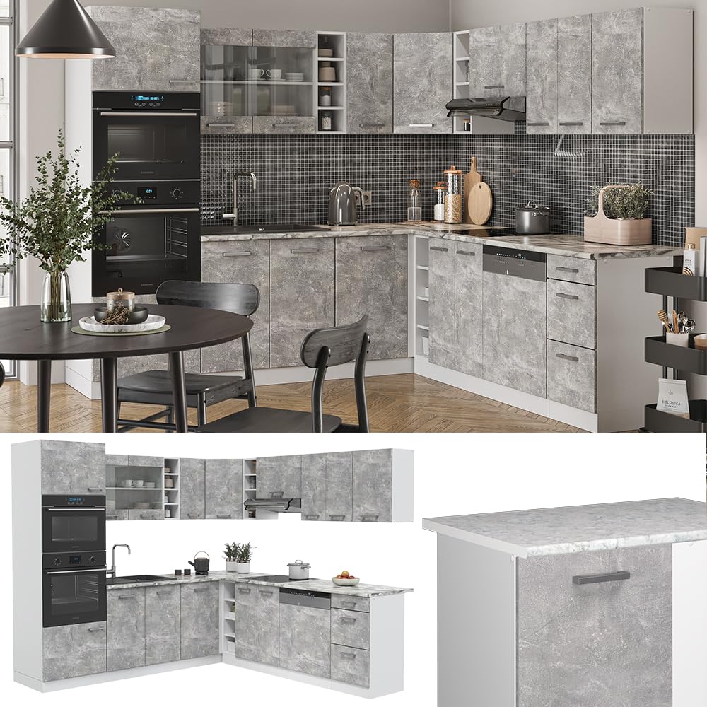 Vicco R-Line Fitted Kitchen Cabinets Country House Kitchen Furniture (White, Corner 247 x 237 cm)