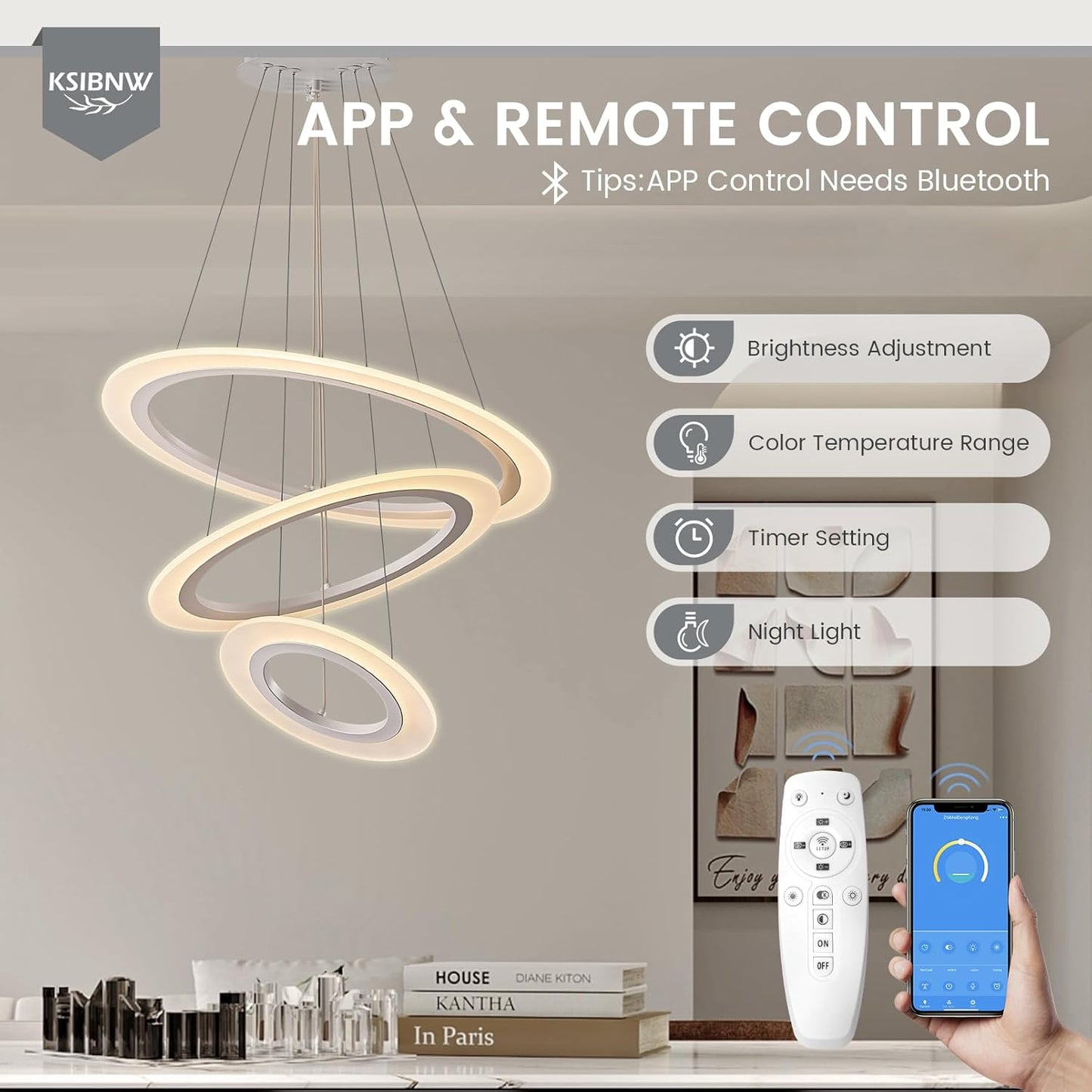 KSIBNW LED Hängelampe Esstisch 3 Ringe Pendelleuchte Dimmbar, Moderne Pendelleuchten Wohnzimmer mit Fernbedienung & APP Höhenverstellbar Acryl Aluminium Pendellampe Schlafzimmer 2700K-6500K, Weiß