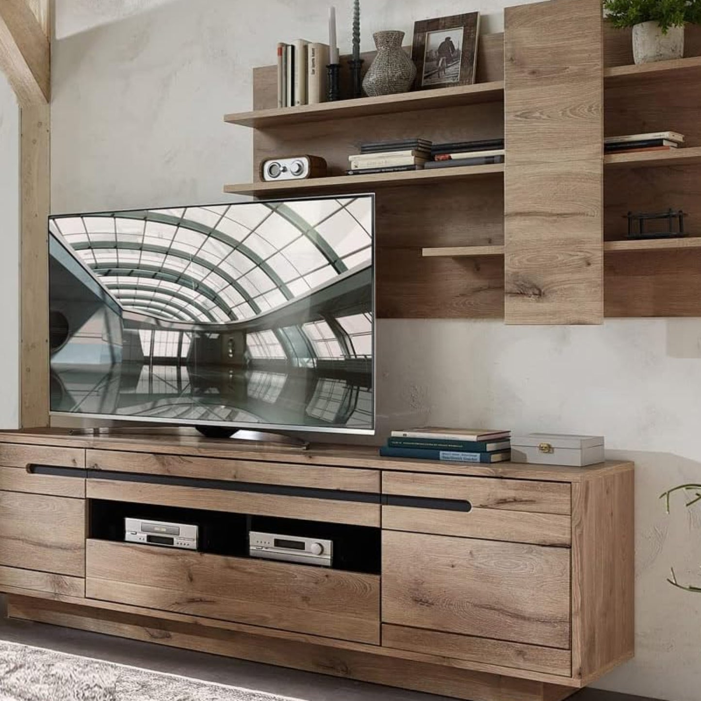 TV Wall Unit Media Furniture Oak Graphite 205 cm Wide Lowboard TV Cabinet Wall Shelf