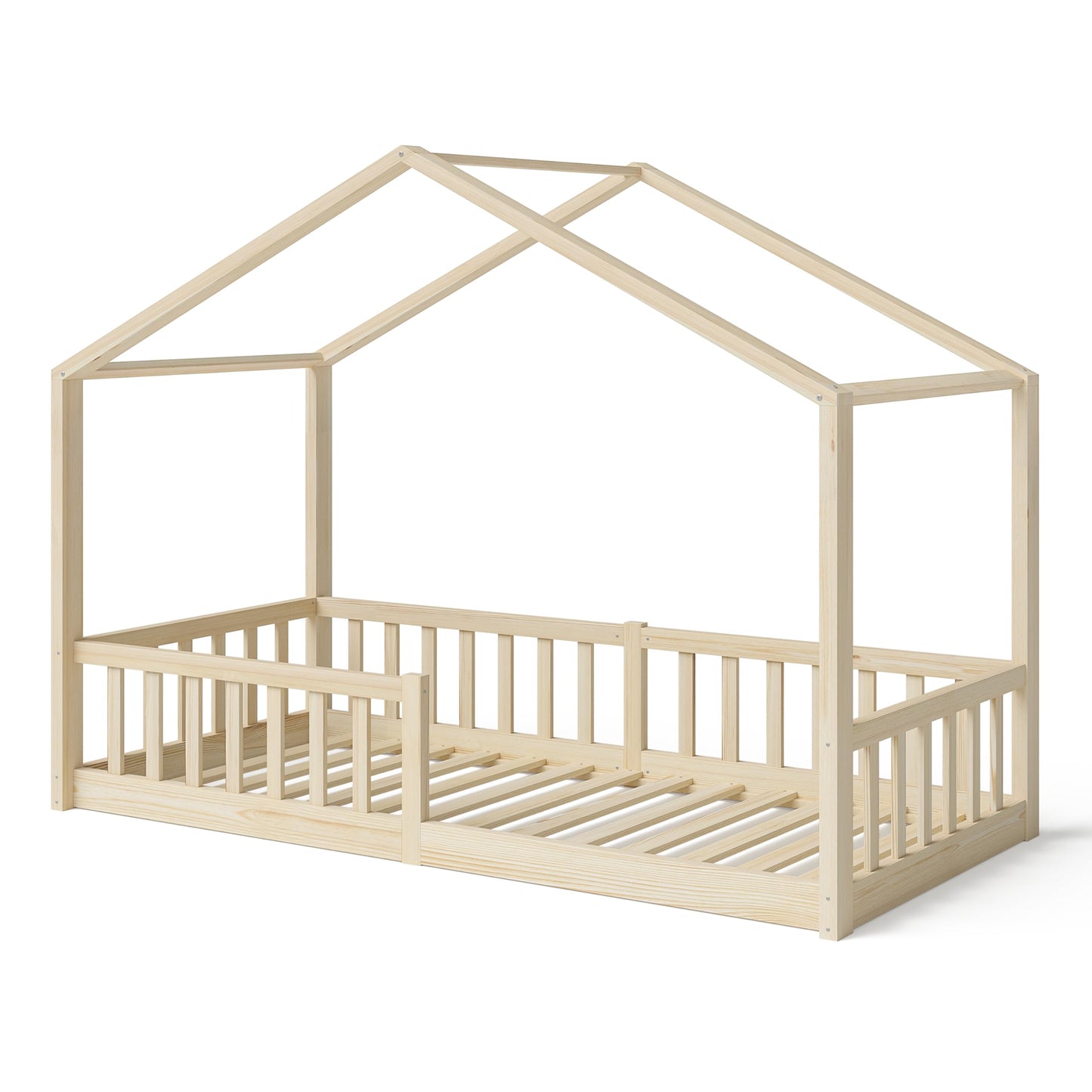 Bellabino Bia Children’s Bed, 90 x 200 cm, Children’s House Bed incl. Fall Protection and Rolled Slatted Frame, Montessori Floor Bed, White, Solid Pine Wood