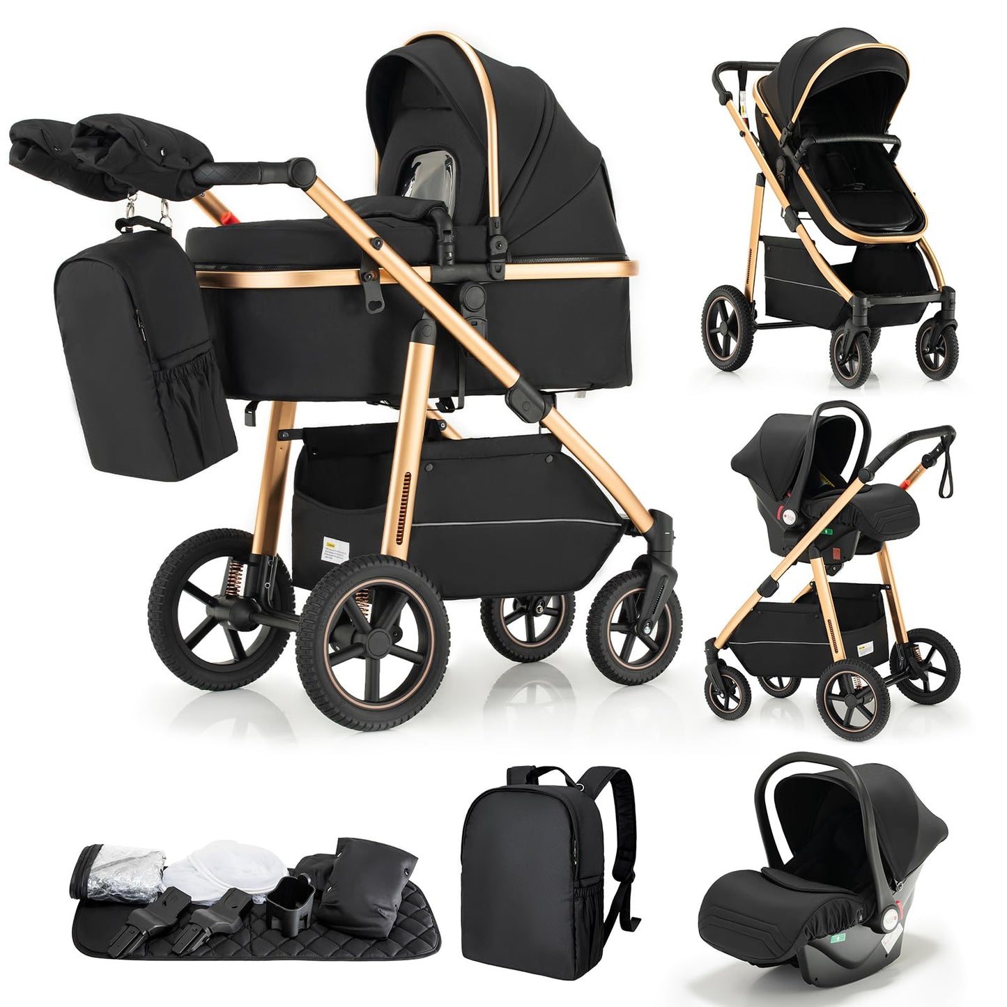 Gcarebb PU Leather 3-in-1 Pram, Buggy with Car Baby Seat, Foldable Portable Pushchair Complete Set, Combination Pushchair with Aluminium Frame for Newborns 0-4 Years