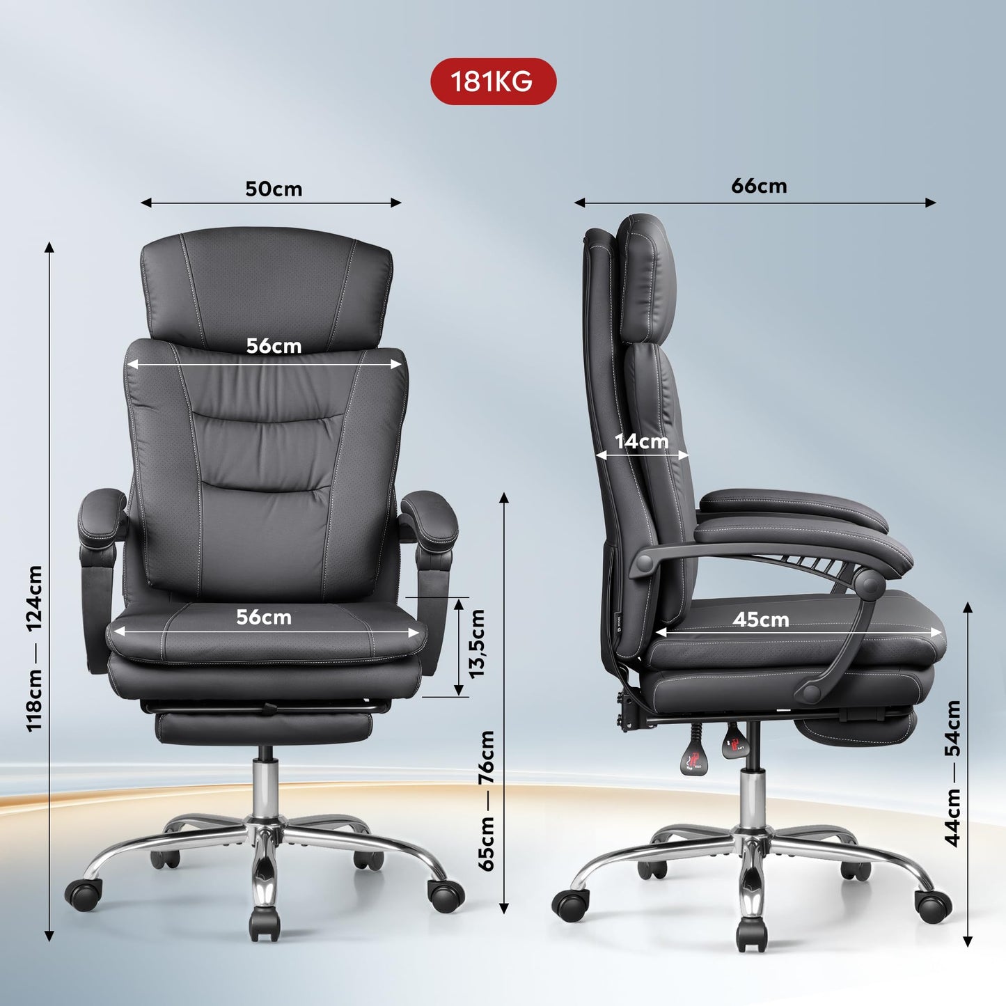 DEVAISE Chefsesse PU Leder, Bürostuhl Ergonomisch mit Fußstütze und Lendenwirbelstütze, Wippfunktion und Winkelverriegelung, Hohe Rückenlehne, Höhenverstellbar, Liegestuhl für Büro & Zuhause, Schwarz