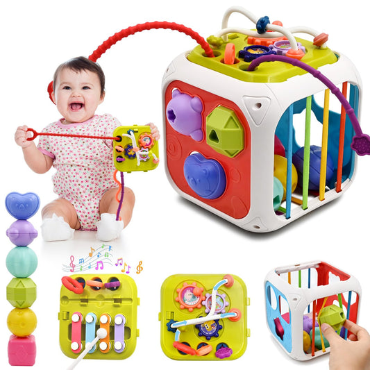 Toy from 1 Year, 7-in-1 Montessori Baby Toy, Motor Skills Bow, Activity Center, Motor Skills Toy, Learning Toy, Sensory Sorting Game, Motor Skills Cube for 3 6 8 9 18 Months Boy Girl Gift