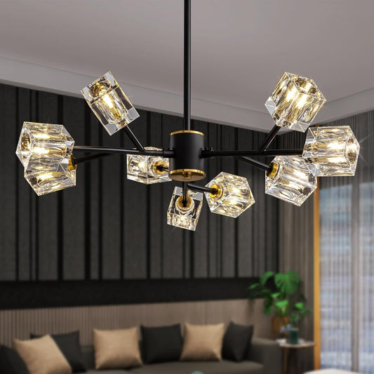 Crystal Ceiling Light, Modern Black and Gold Ceiling Lamp, 8 Lights Design, K9 Crystal Chandelier, Semi-Flush Luxury Ceiling Light for Bedroom, Living Room and Dining Room