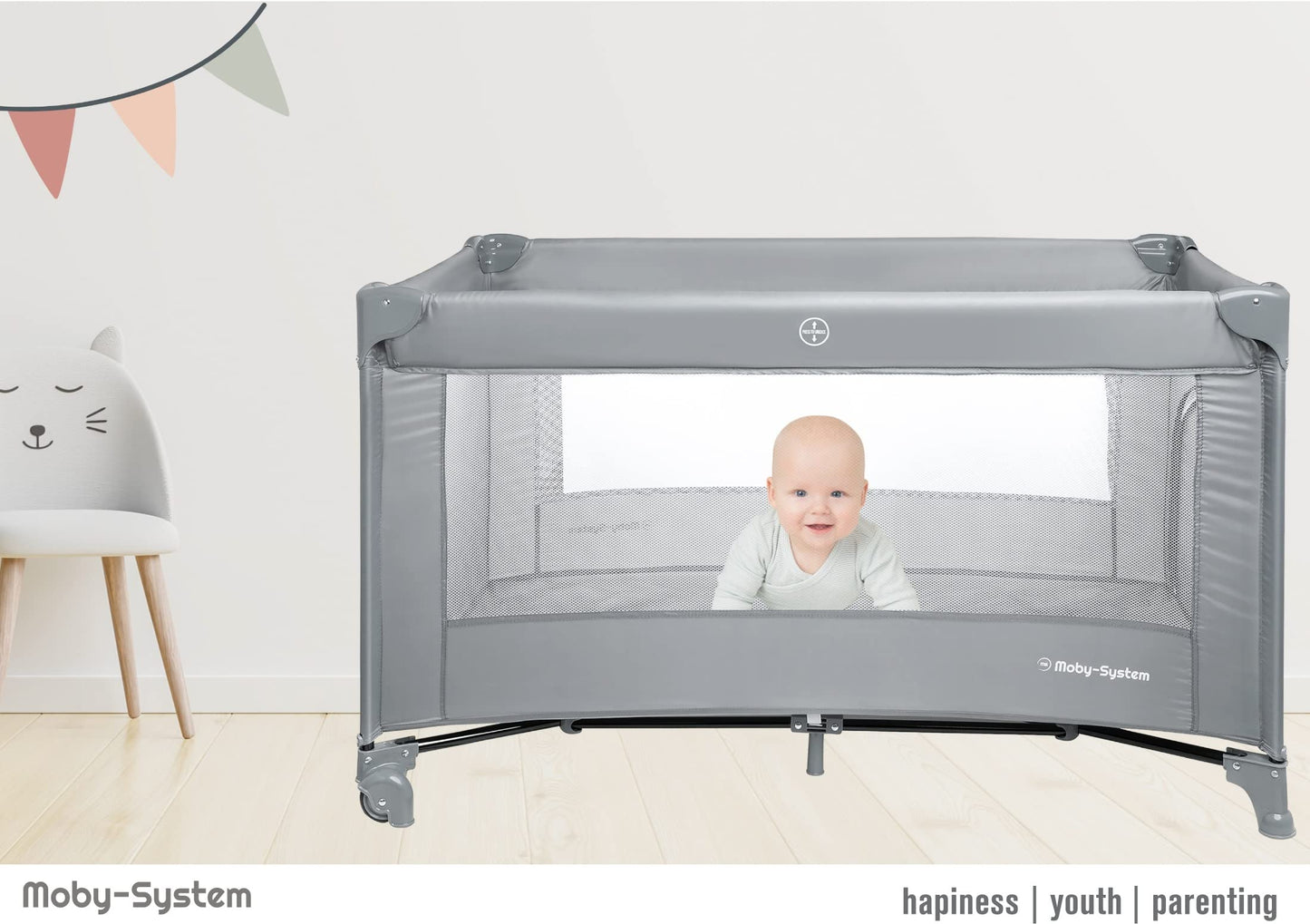 Moby-System Baby Travel Cot 128 x 68 cm - Foldable Children's Travel Bed with Mattress & Carry Bag - Playpen with Side Exit - for Babies up to 15 kg - Grey