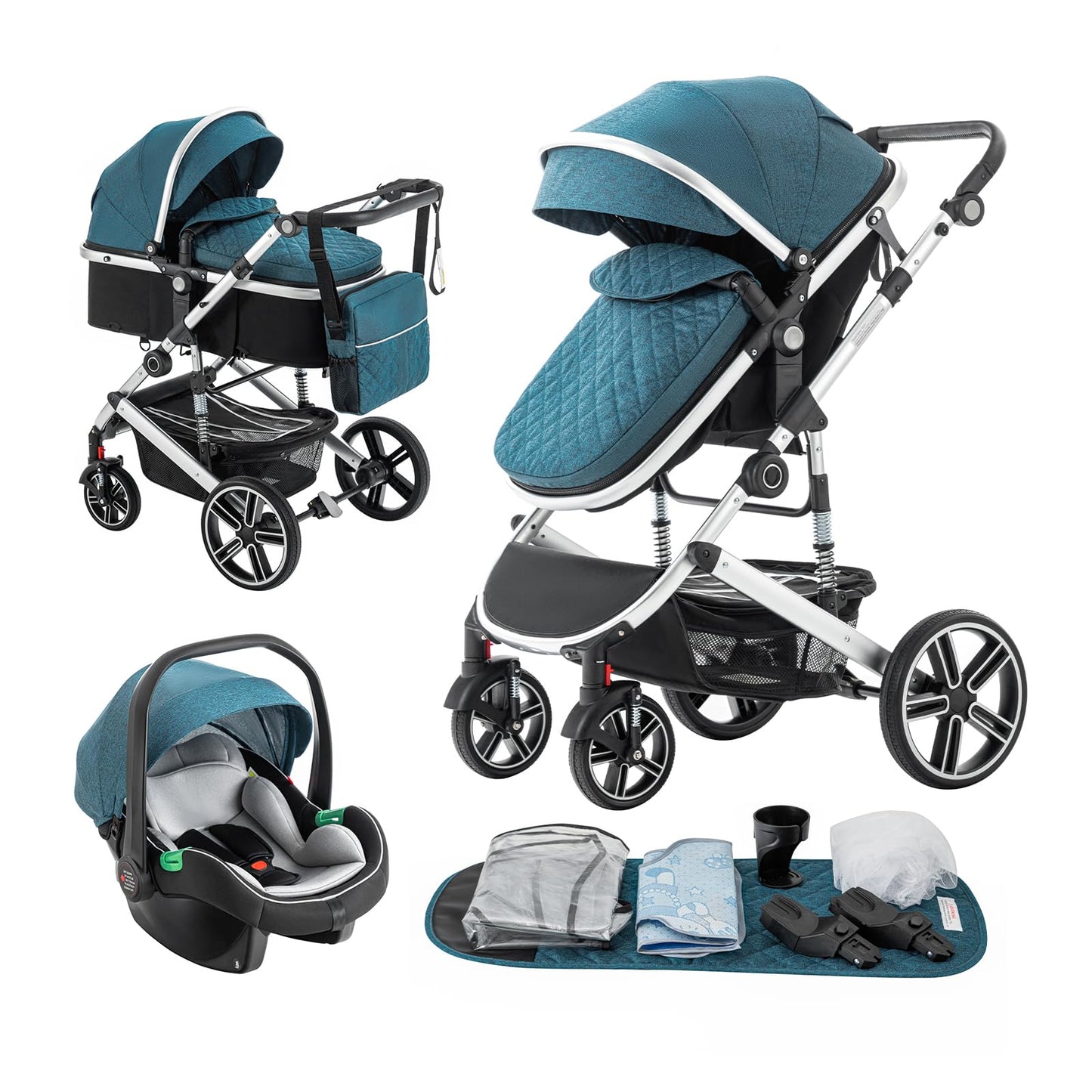 Gcarebb PU Leather 3-in-1 Pram, Buggy with Car Baby Seat, Foldable Portable Pushchair Complete Set, Combination Pushchair with Aluminium Frame for Newborns 0-4 Years