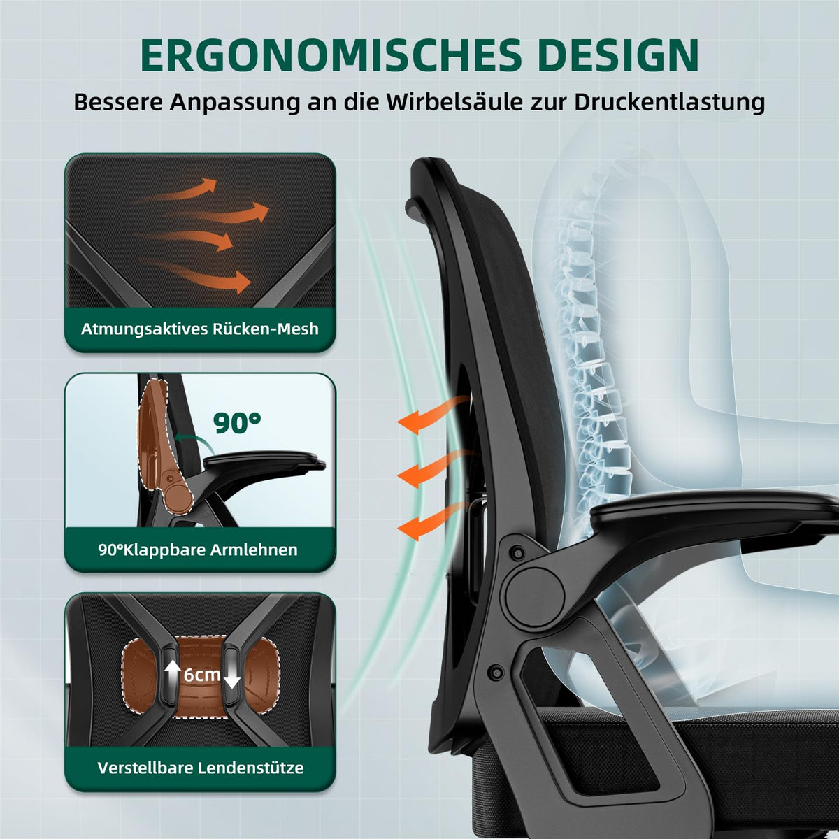 Airchros Ergonomic Office Chair, Desk Chair with Folding Armrests, Adjustable Lumbar Support, Height-Adjustable Executive Chair, Swivel Chair, Mesh Chair with Rocker Function up to 125°, Black