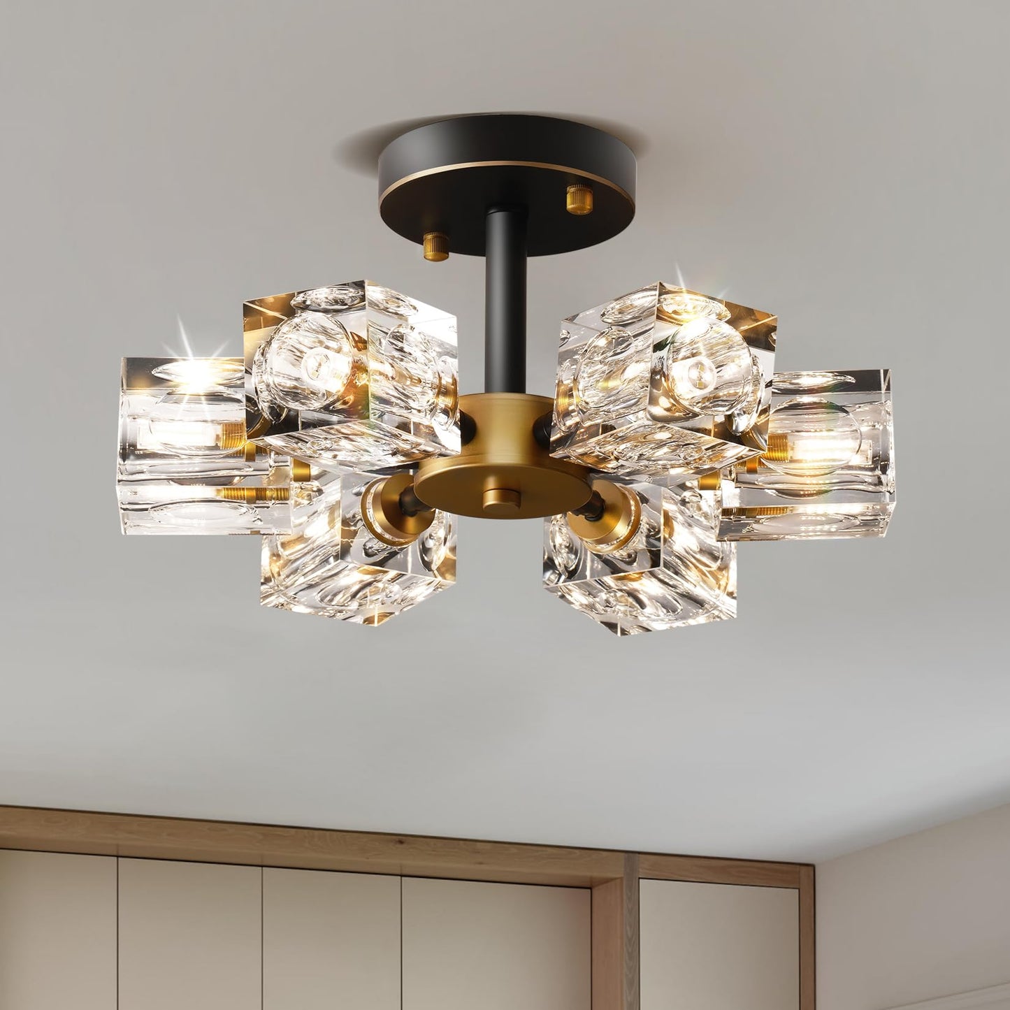 JUJUQI Moderne Kristall-Kronleuchter,Gold Hängeleuchte, K9 quadratischer Kristall Häengelampe mit 8 Lichtern,Würfel-Schirm, hängende Deckenleuchte für Esszimmer, Schlafzimmer, Wohnzimmer