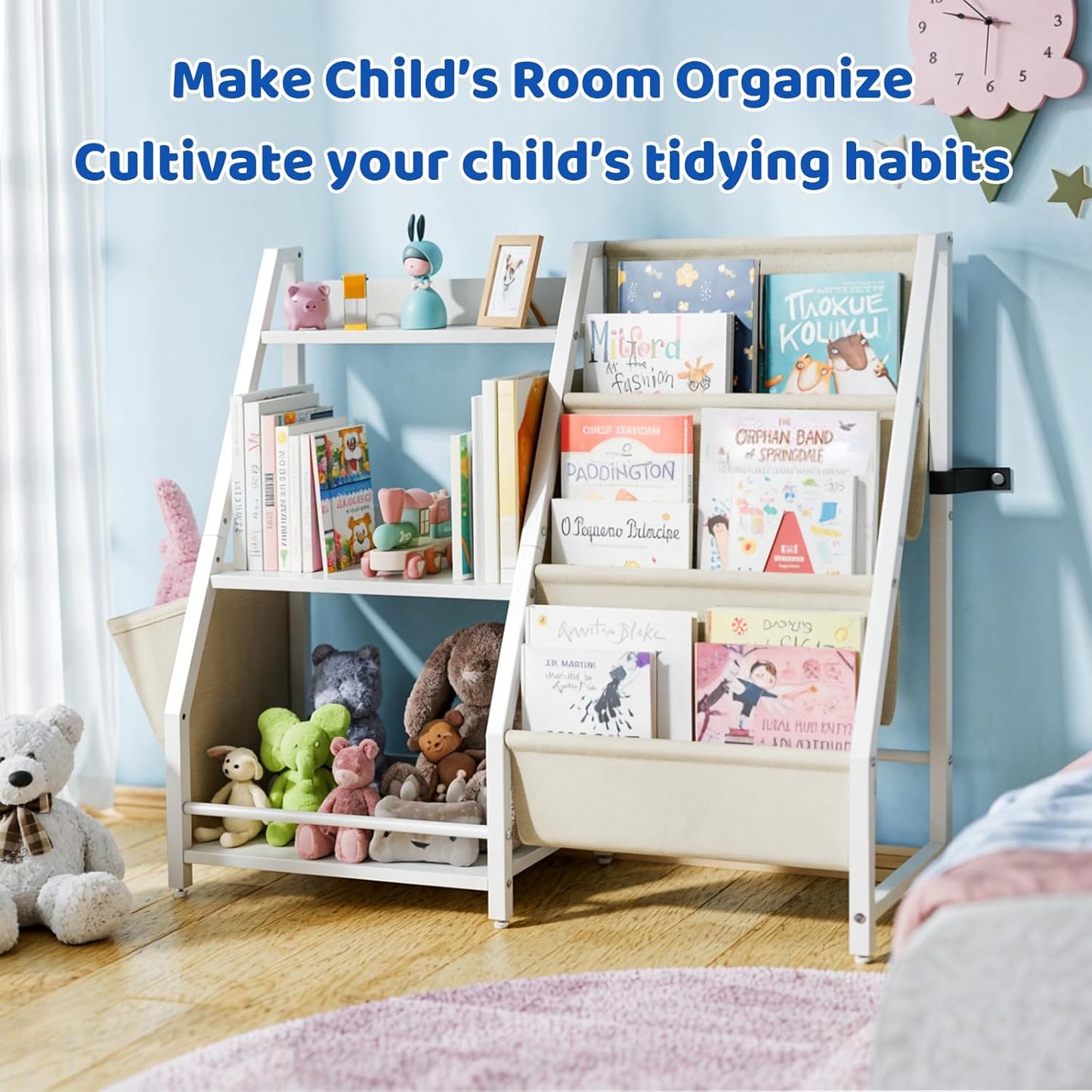 HAVLOTII Kids Bookcase and Toy Organiser Furniture, 3-Tier Bookcase for Kids, Montessori Bookcase, Bookcase for Kids Room, Bedroom, Playroom, Nursery