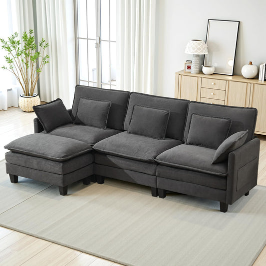 Modular Sofa with Sleep Function, Chenille Corner Sofa, Small with Thick Padding, Sofa L Shape Set with Couch Cushion, Comfortable Armchair, Living Room Couch with Stool, Chaise Lounge (Dark Grey, 287