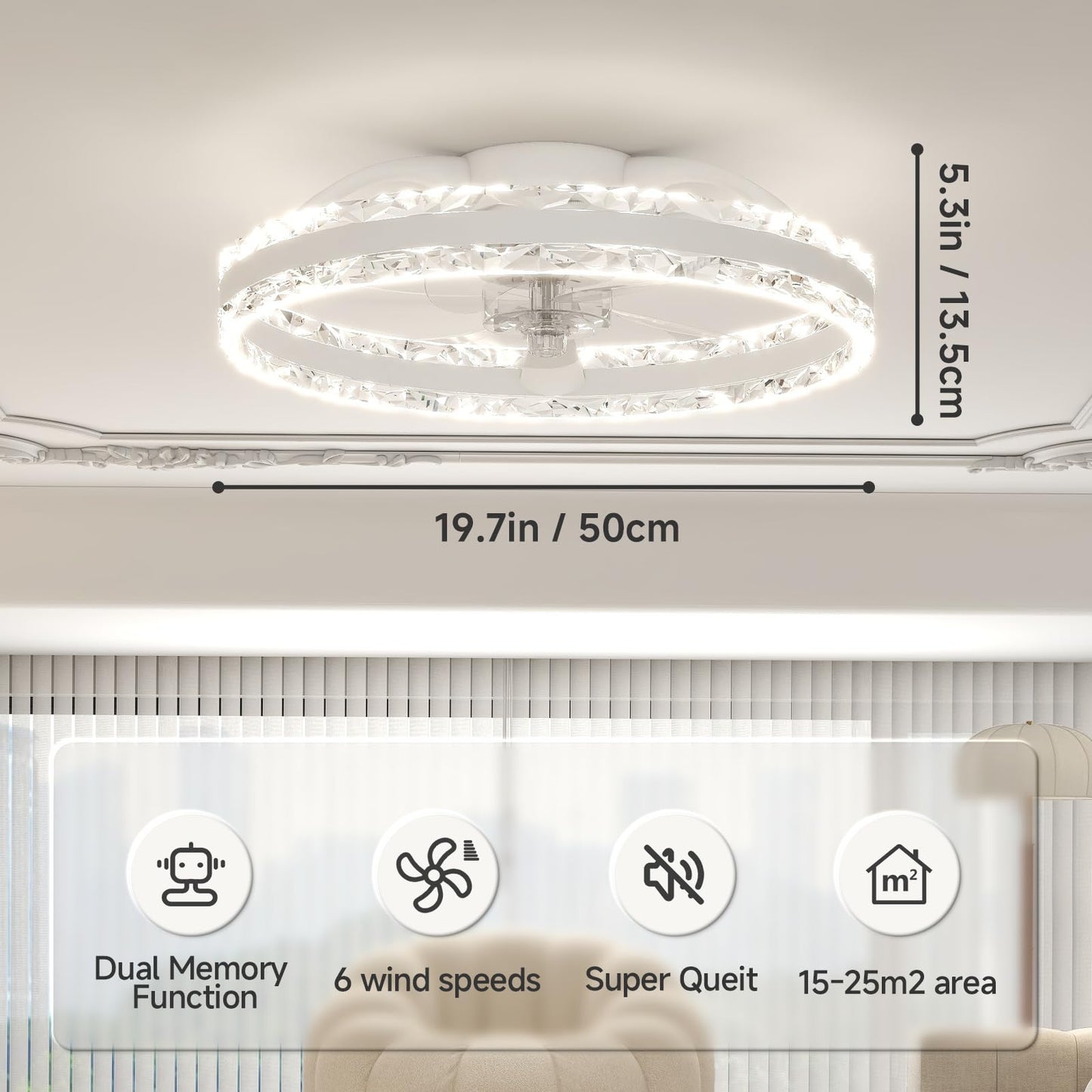 VOLISUN Ceiling Fan with Lighting and Remote Control, 6 Wind Levels and Dimmable, Modern Ceiling Light with Fan, Quiet LED Ceiling Fan for Bedroom, Living Room (White, 50 cm)
