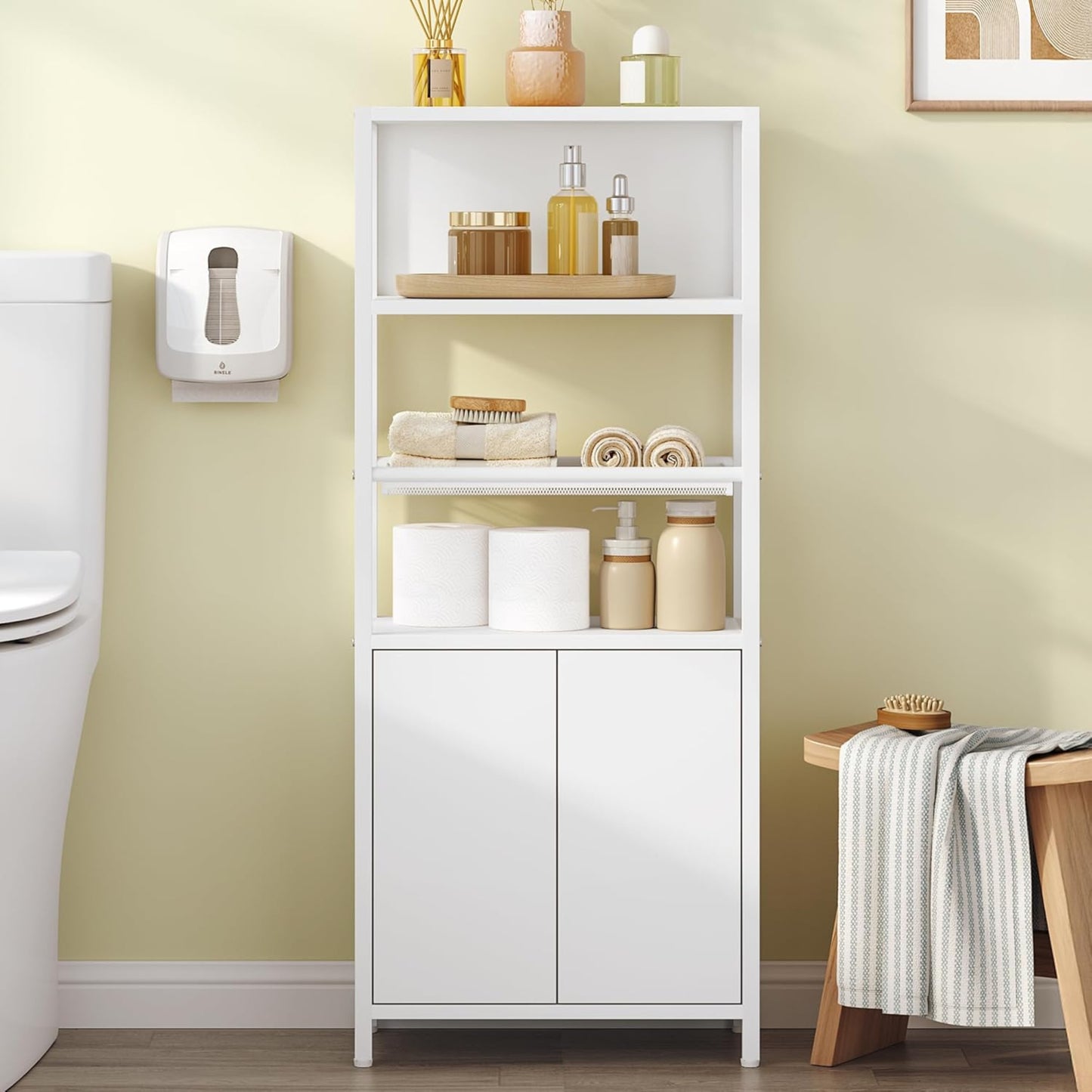 Hzuaneri BC42903W Bathroom Cabinet with 2 Doors & Open Shelf, Kitchen Cabinet, Ventilated Metal Mesh Shelf, Adjustable Shelf, for Bathroom, Living Room, 20 x 38 x 90 cm, White