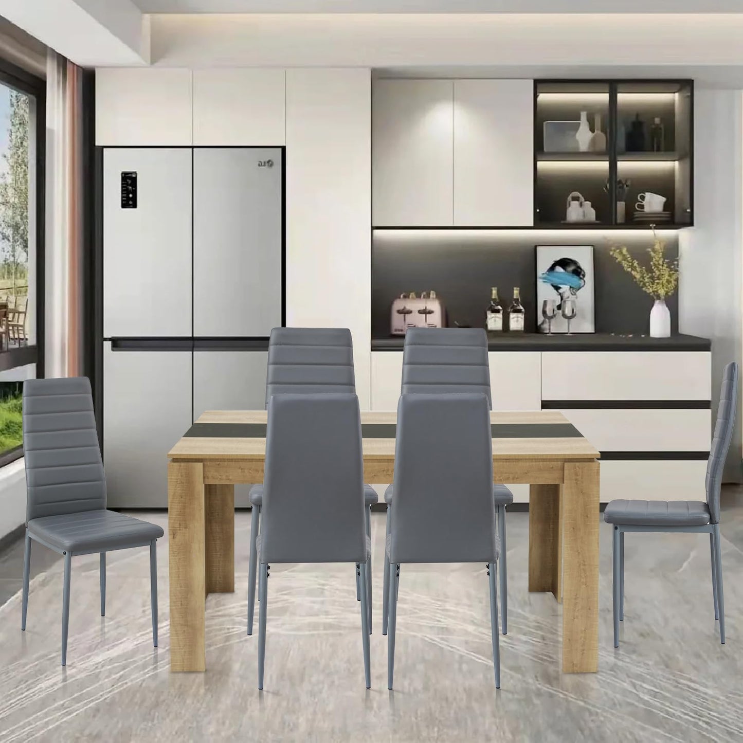 FURNITABLE Esstisch mit 6 Stühlen Esszimmergruppe, Essgruppe mit Hochlehner Kunstleder Stuhl für 6 Personen, Sitzgruppe für Küche Wohnzimmer(160cm Eiche-Weiß Tischbein Tisch+6 Schwarz Stühle)