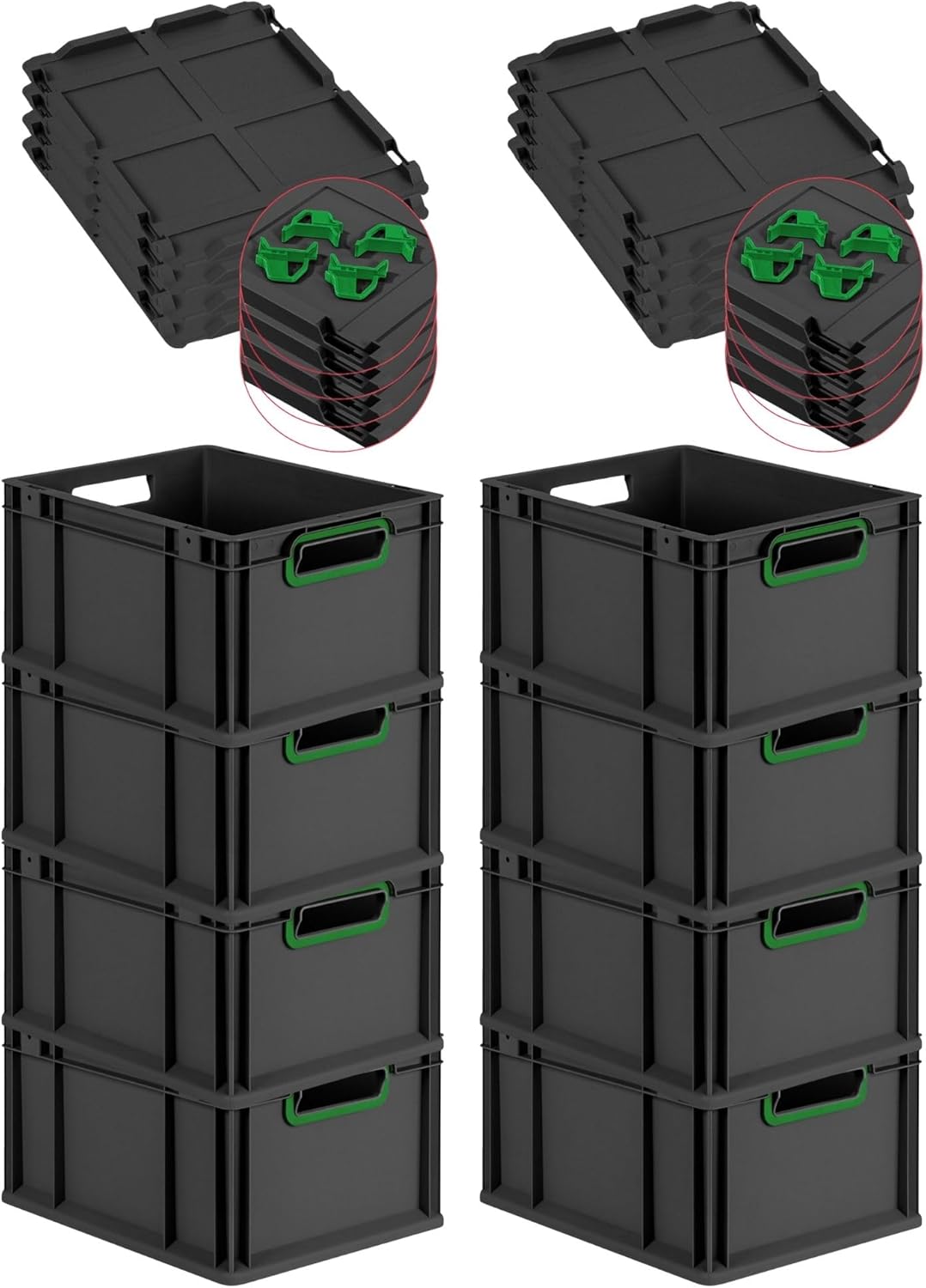 PROREGAL Economy Set of 5 Eurobox NextGen Colour with Lid and Sliding Snap Fasteners, H x W x D 22 x 30 x 40 cm, 20 L, Black, Closed Handles, Euro Container, Transport Box, Transport Container
