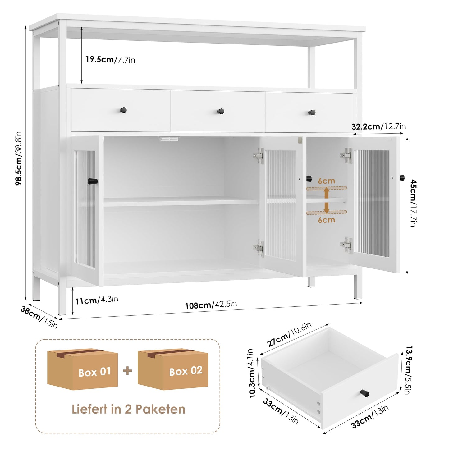 FirFurd Sideboard Küchenschrank mit Arbeitsplatte ＆3 Schubladen＆3 Glastüren, Buffetschrank Kommode Kaffeebar Mehrzweckschrank, Sideboard für Wohnzimmer Küche Esszimmer 108 x 38 x 98,5 cm schwarz