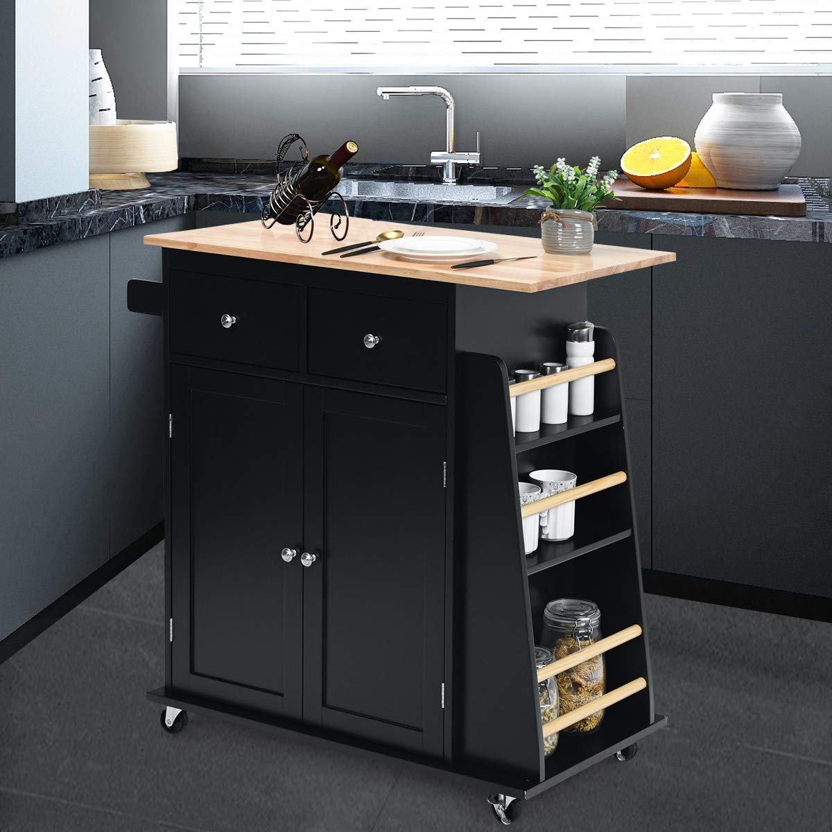 GOPLUS Kitchen Island with Wheels, Serving Trolley with 2 Drawers, 3-Tier Spice Rack, Towel Holder Cabinet, Rubber Wood Worktop & Lockable Wheels for Dining Room, Kitchens (Black)