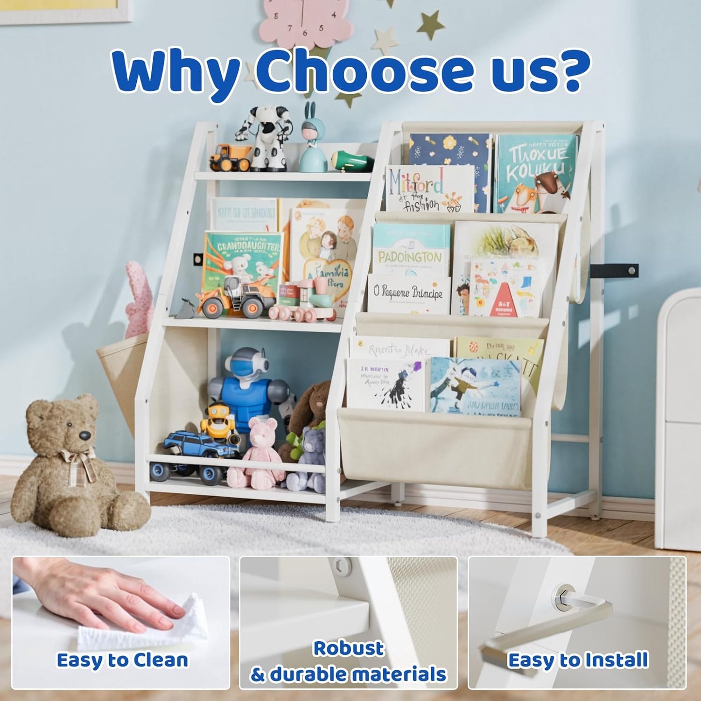 HAVLOTII Kids Bookcase and Toy Organiser Furniture, 3-Tier Bookcase for Kids, Montessori Bookcase, Bookcase for Kids Room, Bedroom, Playroom, Nursery