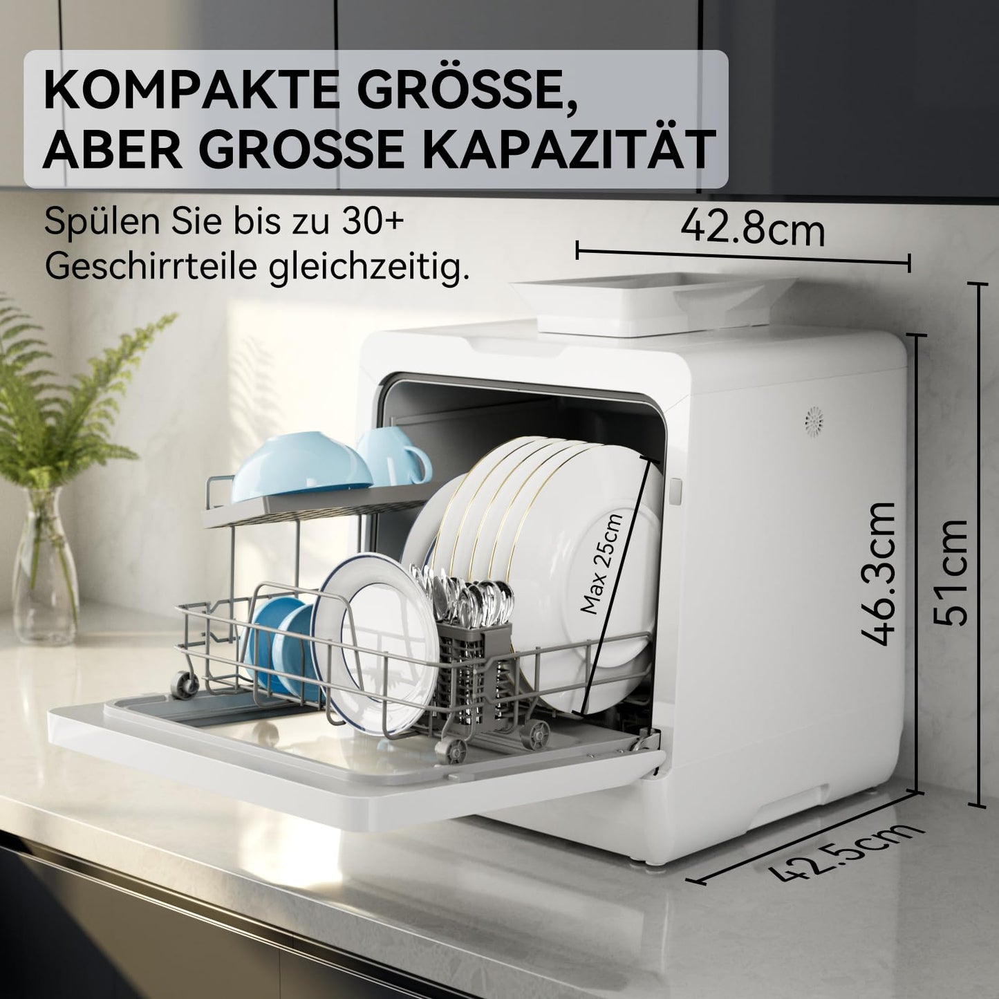 Hermitlux Tischgeschirrspüler, mini spülmaschine mit 7+3 Programme, 5 Maßgedecken, 5L Wassertank, Startverzögerung und Kindersicherung