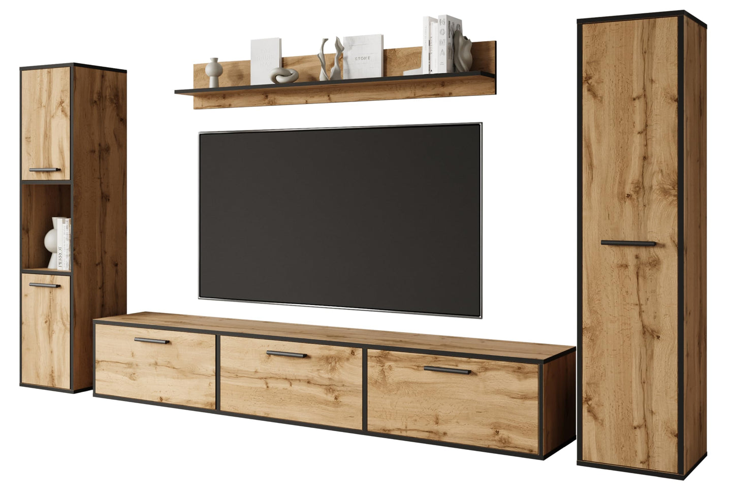 MINIO go for it - Living Room Wall Unit 4-Piece Toga, Living Room Furniture Set, 1 x TV Lowboard, 2 x Tall Cabinet, 1 x Wall Board, Living Room Furniture Complete, Living Room Set - Colour Wotan Oak