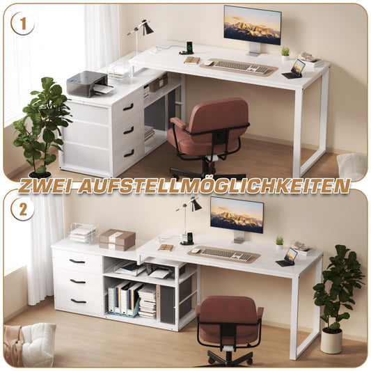 Desk l Shape with 3 Drawers & Storage Space, 140 x 105 x 75 cm Reversible Corner Desk, L-Shaped Desk with 2 USB Charging Ports and 2 Sockets, White
