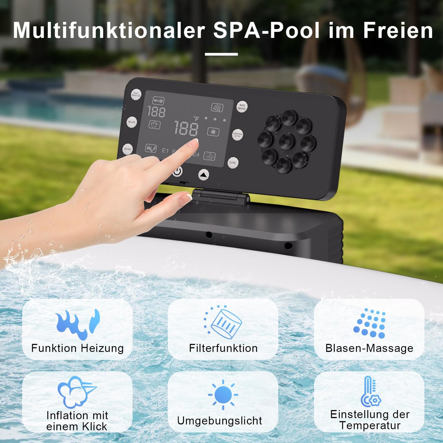 PureSpa Inflatable Bathtub with Bubble Function, Pool Massage Hot Tub, 150 Soothing Air Nozzles, Integrated Quick Filling System, LED Lights, Insulated Cover and Floor Mat, 206 x 71 cm