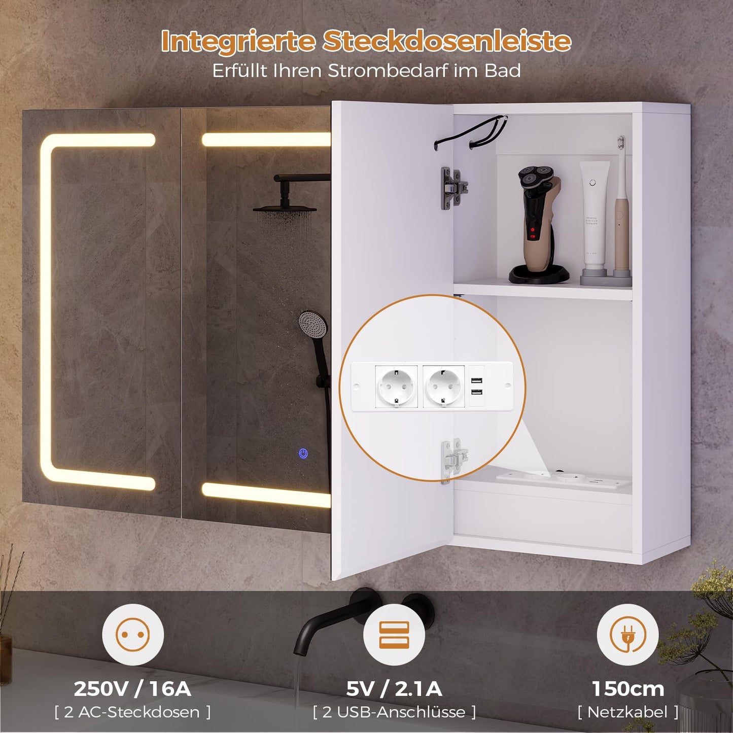 mojiasion Bathroom Mirror Cabinet 100 cm Wide with LED Lighting, Socket & 3 Colour Temperatures Dimmable Bathroom Cabinet with Touch Sensor 60 x 100 x 16 cm (H x W x D) Mirror + 3 Adjustable Shelves