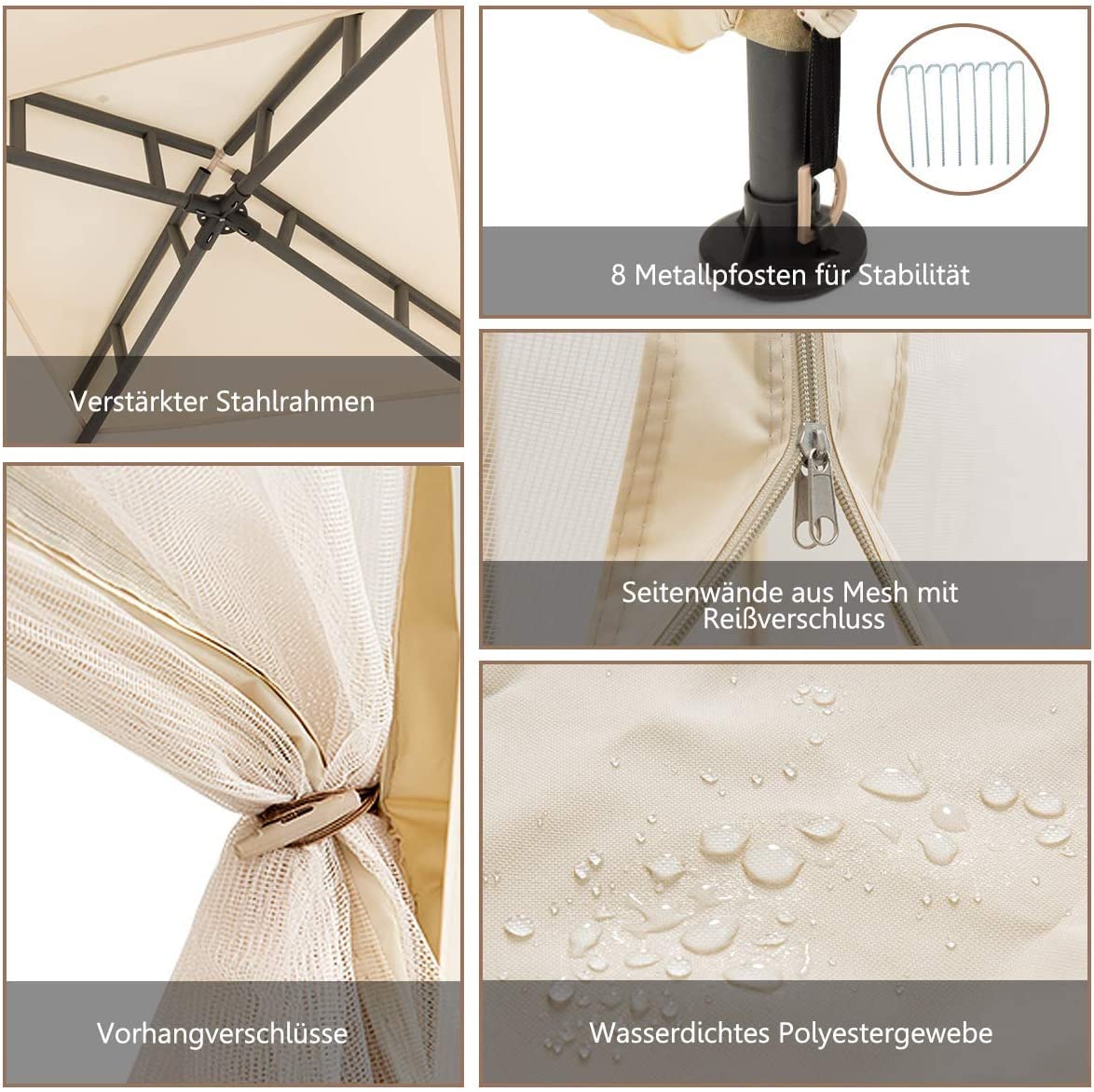 RELAX4LIFE 3 x 3 m Gazebo, Garden Gazebo with Iron Frame & Mosquito Net, Garden Tent with 4 Side Walls & Double Roof, Waterproof & Sunproof Party Tent for Party Camping (Brown)