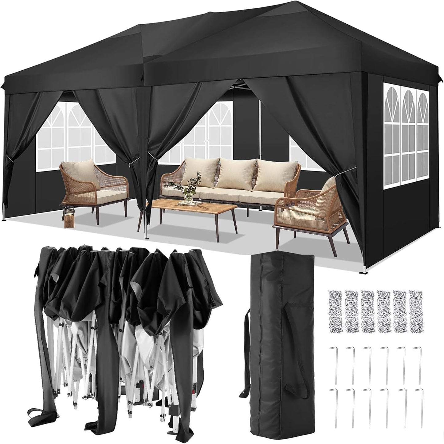 COBIZI Gazebo 3 x 6 Folding Gazebo Waterproof Stable Winterproof Foldable Party Tent with 6 Side Panels Pop Up Garden Gazebo UV Protection 50+ Height Adjustable for Beach Wedding Camping White