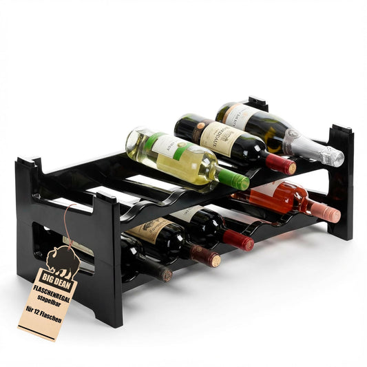BigDean Bottle Rack Stackable for 72 Bottles Wine Rack Made of Plastic Black Drinks Rack Bottles Shelf System for Glass & PET up to 1.5 Litres