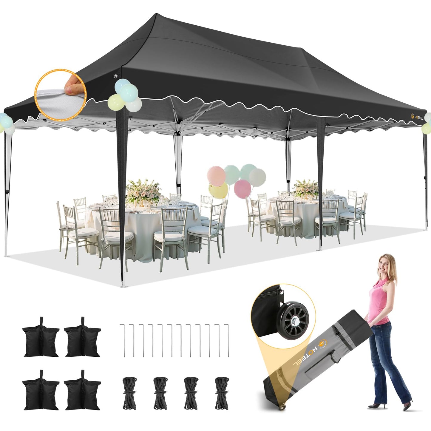 HOTEEL Gazebo 3 x 6 Waterproof Stable with 6 Removable Side Walls, Wave Hem Roof Party Tent 3 x 6 with Wheel Bag and 4 Sand Bags, Folding Gazebo 3 x 6 Parasol for Wedding Market (Grey)