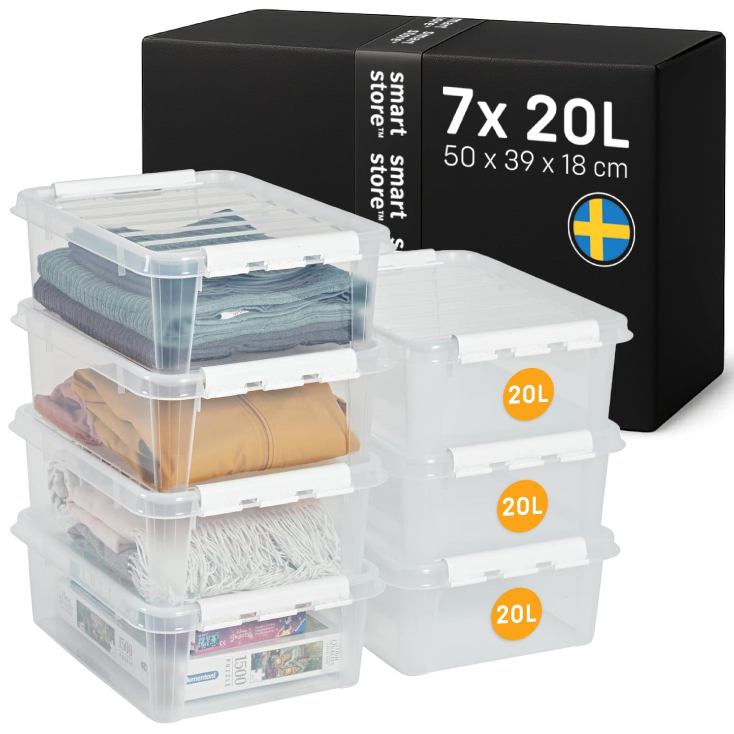 SmartStore - 5 x Storage Box with Lid Classic 46L (59 x 39 x 31 cm) | Stackable Box with Lid | Food-Safe Plastic Box | Plastic Box with Lid and Reinforced Corners