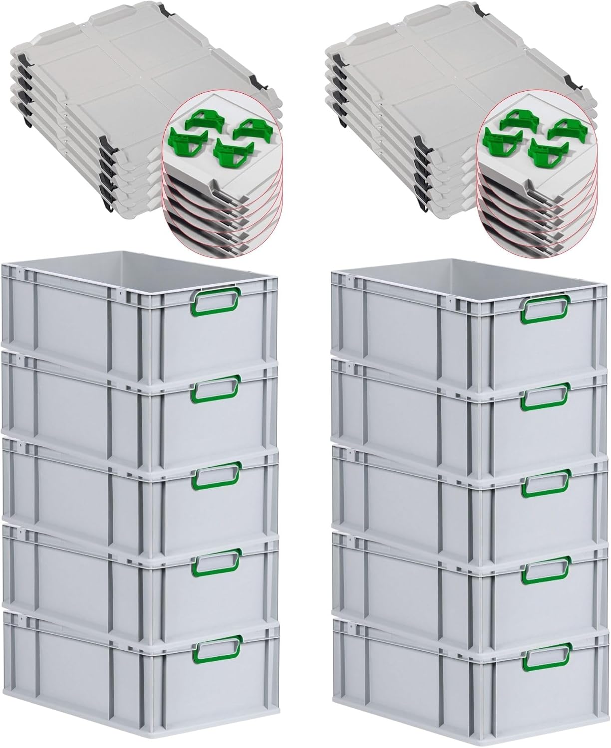 PROREGAL Economy Set of 5 Eurobox NextGen Colour with Lid and Sliding Snap Fasteners, H x W x D 22 x 30 x 40 cm, 20 L, Black, Closed Handles, Euro Container, Transport Box, Transport Container