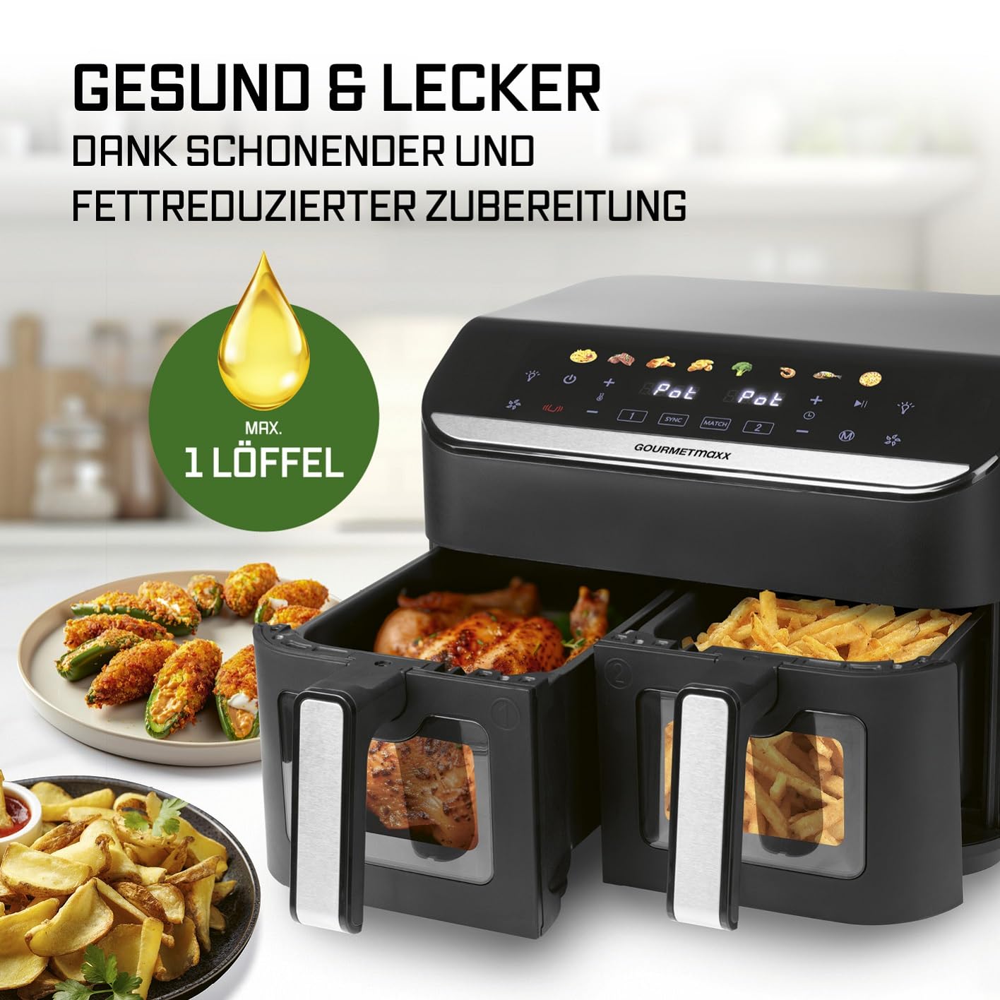 GOURMETmaxx Digitale Heißluftfritteuse 12 L, XXL-Edelstahl-Ofen | Airfryer + Timer, Touchdisplay, Drehspieß | fettarm, energiesparend frittieren | 10 Programme inkl. Pizza | 1800 W
