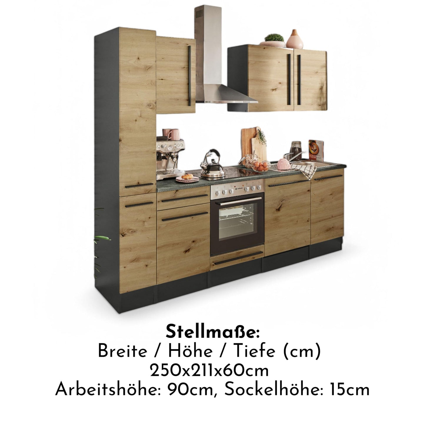 Jazz 8 Modern Kitchen Unit without Electrical Appliances in Anthracite, Artisan Oak Look, Spacious Fitted Kitchen with Lots of Storage Space, 220 x 211 x 60 cm (W x H x D)