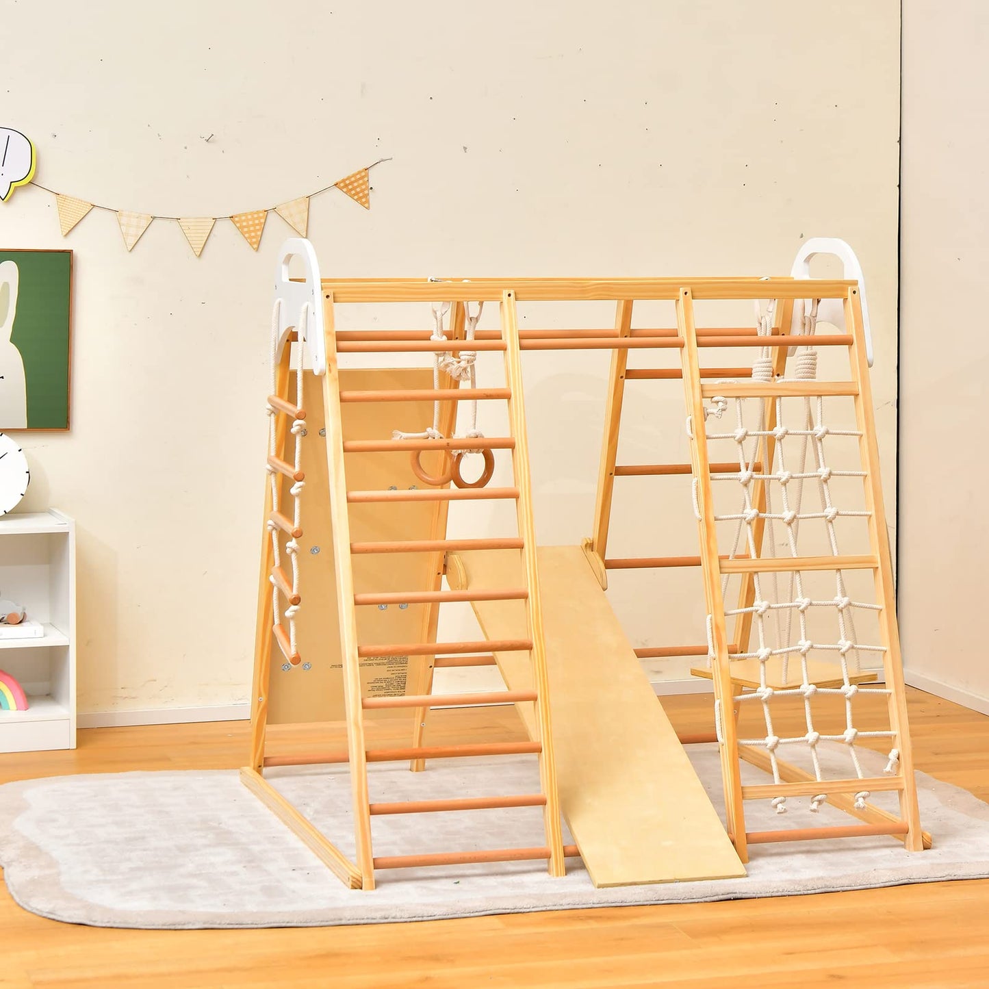 DREAMADE 8 in 1 Climbing Triangle Climbing Toy with Swing Ladder Slide Climbing Net Gym Rings Playground Indoor Wooden Climbing Frame for Sliding & Climbing for Children from 3 Years (Natural)