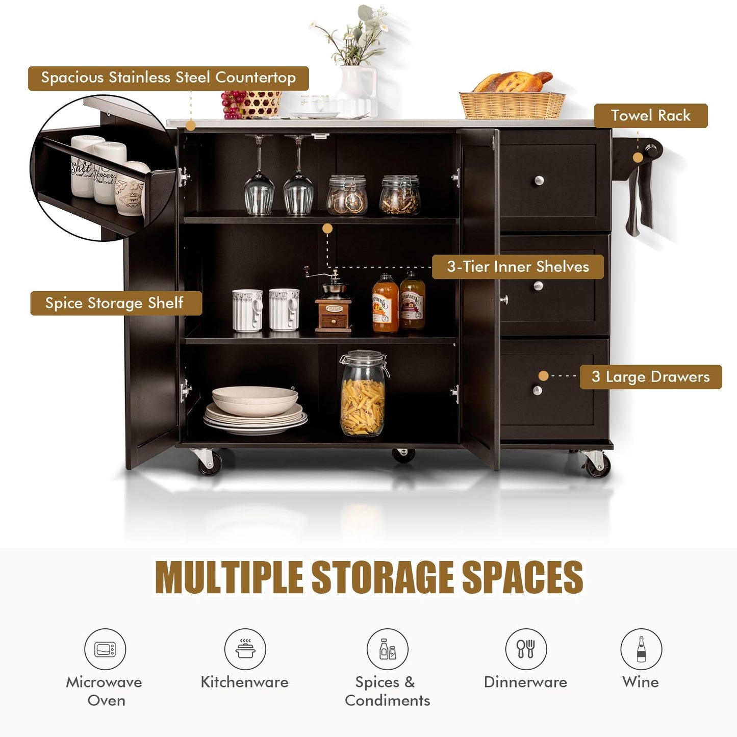 KOMFOTTEU Movable Kitchen Island with Stainless Steel Worktop, Kitchen Trolley with 3 Drawers & Towel Rail & Adjustable Shelf, Kitchen Cabinet on Wheels, Kitchen Trolley 135 x 45.5 x 91.5 cm (Black)