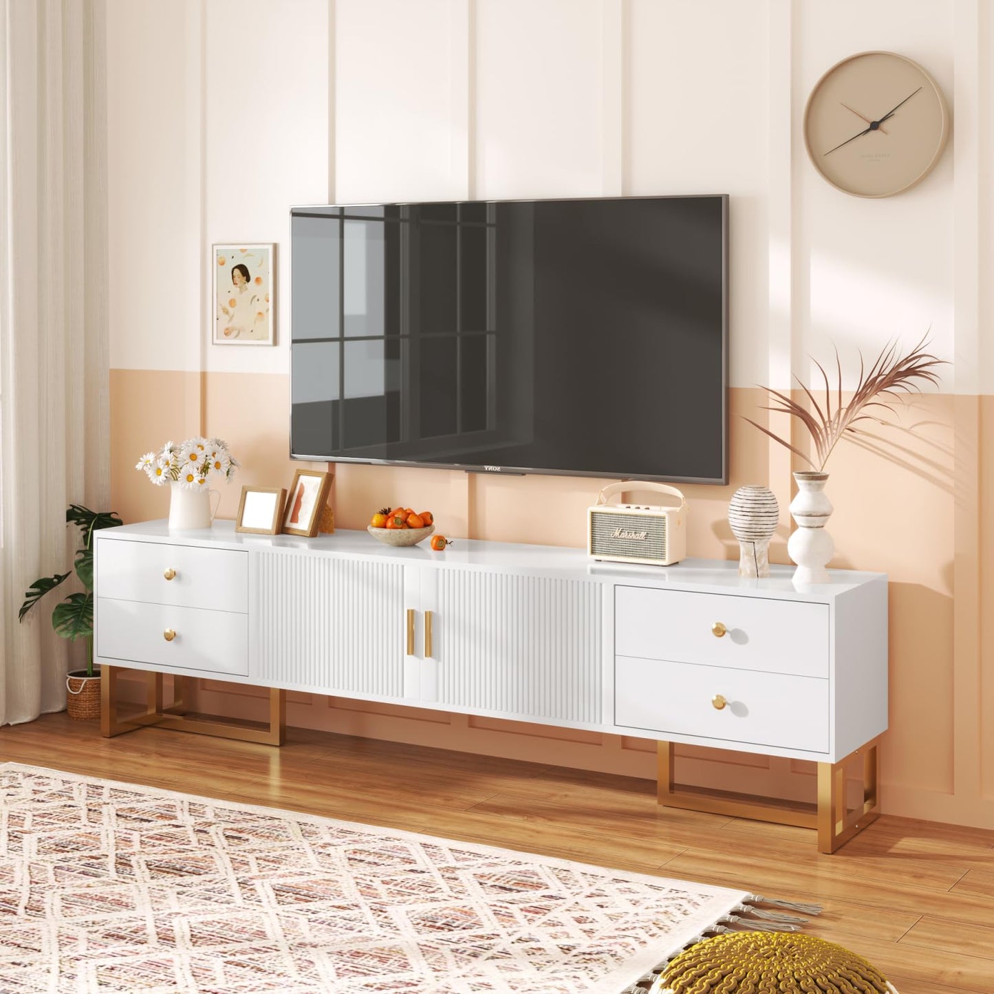 TV Cabinet with 3 Drawers, TV Table with Golden Handles and Legs, Modern TV Stand for TVs up to 75 Inches, Rounded Corners, TV Cabinet for Living Room, 174 x 35 x 41 cm, White