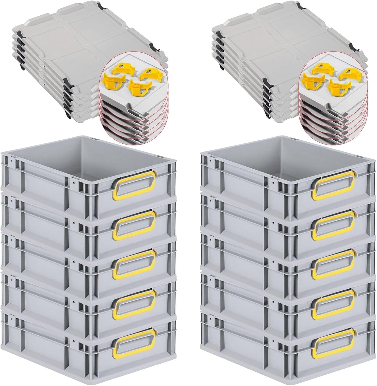 PROREGAL Economy Set of 5 Eurobox NextGen Colour with Lid and Sliding Snap Fasteners, H x W x D 22 x 30 x 40 cm, 20 L, Black, Closed Handles, Euro Container, Transport Box, Transport Container