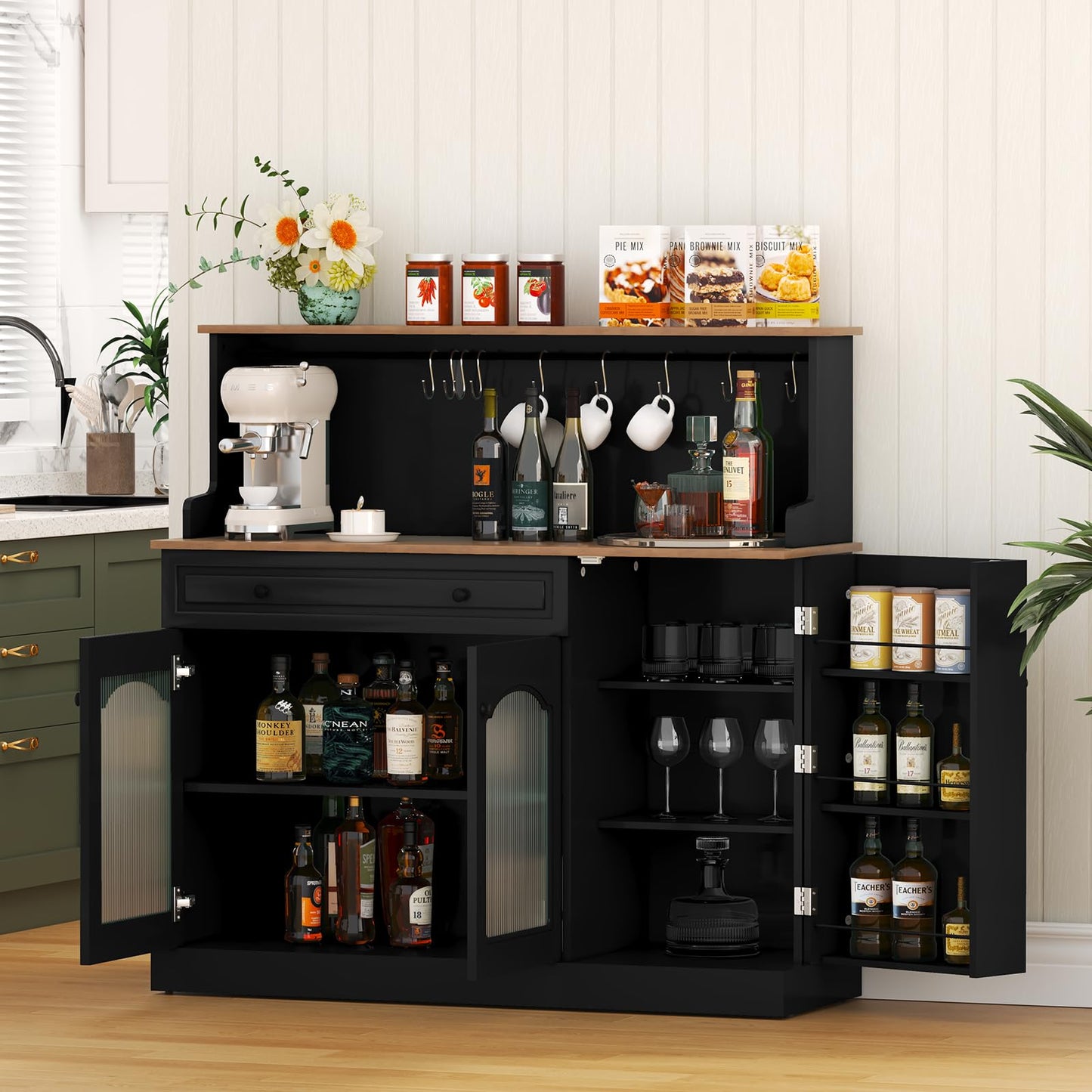 HOLTICO Küchenschrank mit Arbeitsplatte, Küchenbuffet Buffetschrank Grün, Weinschrank mit Schublade und Oberer Ablage, Kommoden & Sideboards für Wohnzimmer, Esszimmer