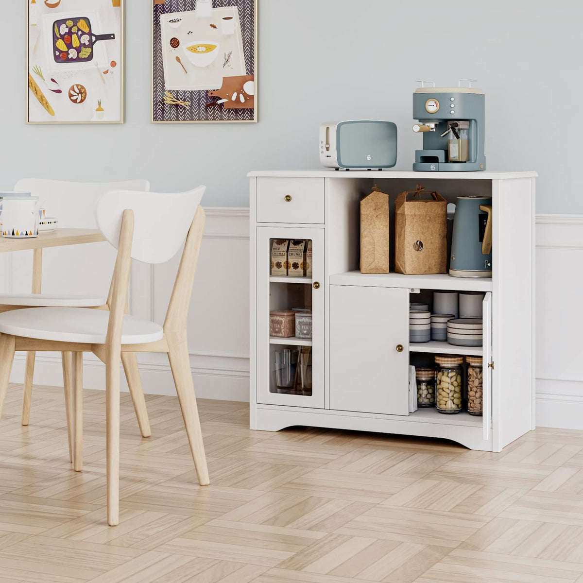 HOCSOK Kitchen Cabinet with Worktop, Sideboard Kitchen with Microwave Shelf, Buffet Cabinet with 1 Drawer, 3 Doors, Adjustable Shelves, for Kitchen, Dining Room, Living Room, White